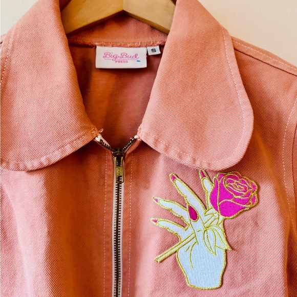 Big Bud Press | Peachy- Pink Bomber Jacket with Embroidered Rose sz SM - Picture 2 of 4